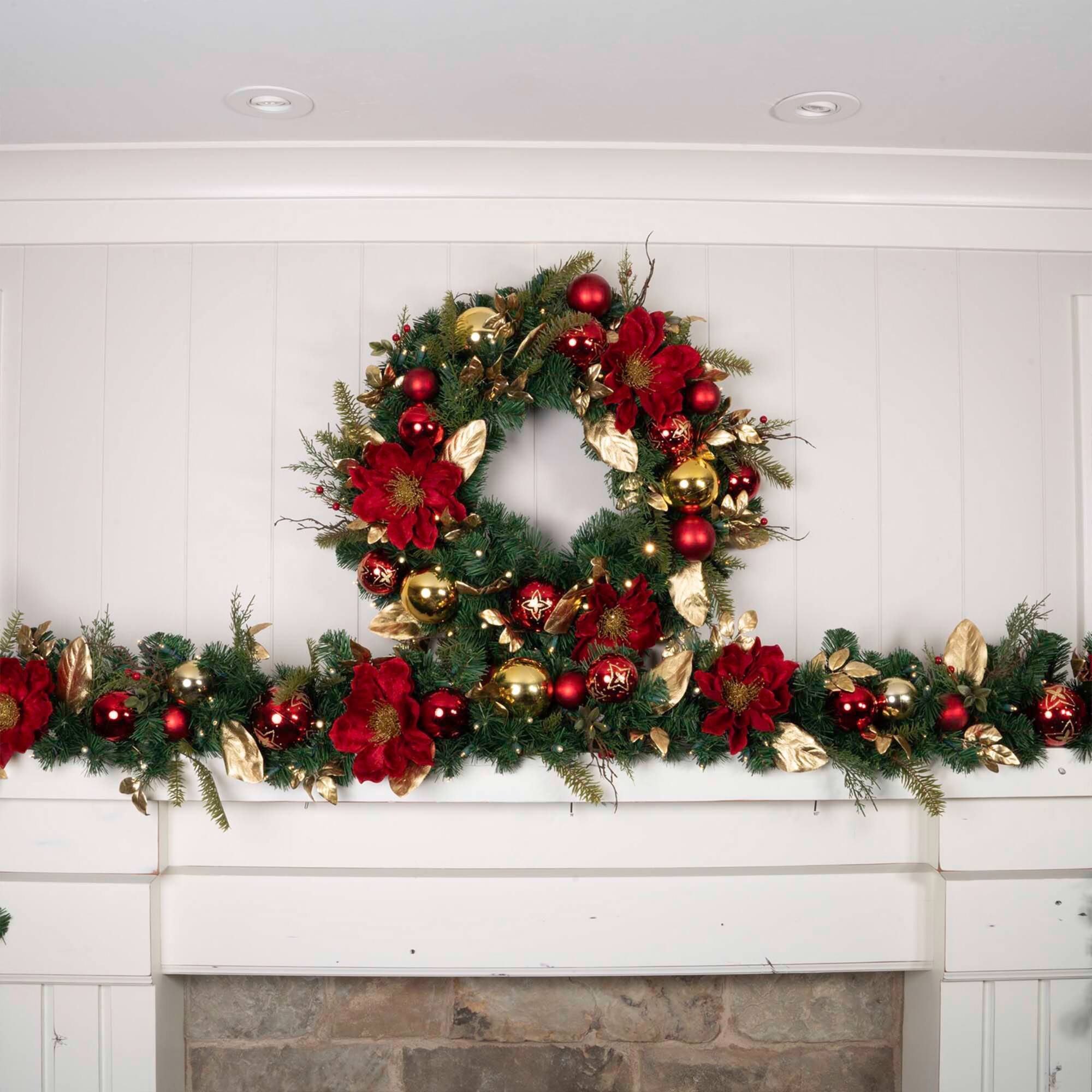 9 ft. Pre-Lit LED Golden Leaf Red Magnolia Artificial Christmas Garland